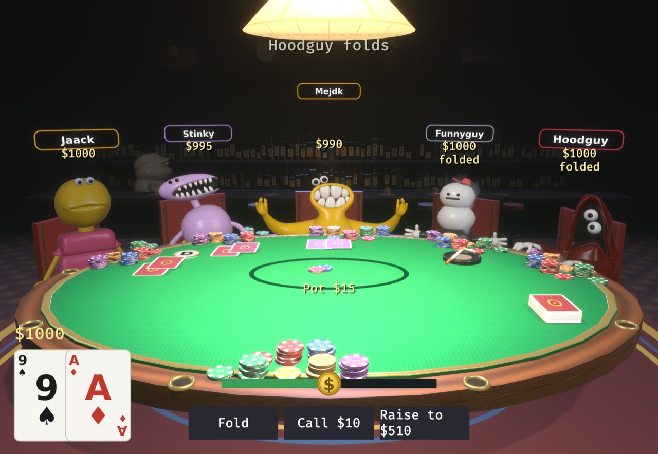 Pokermon Hold 'em - cartoon characters around a poker table in a dim bar